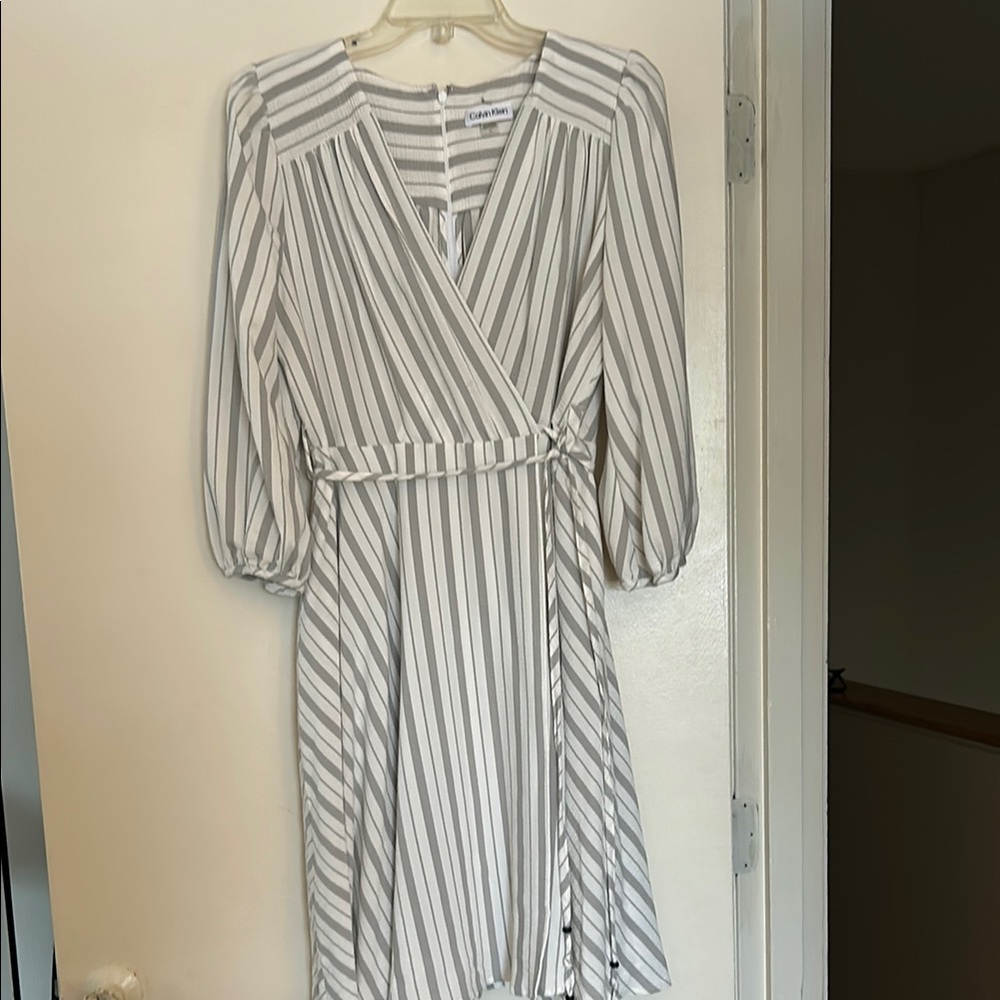 Calvin Klein Gray Striped Faux Wrap A-line Dress